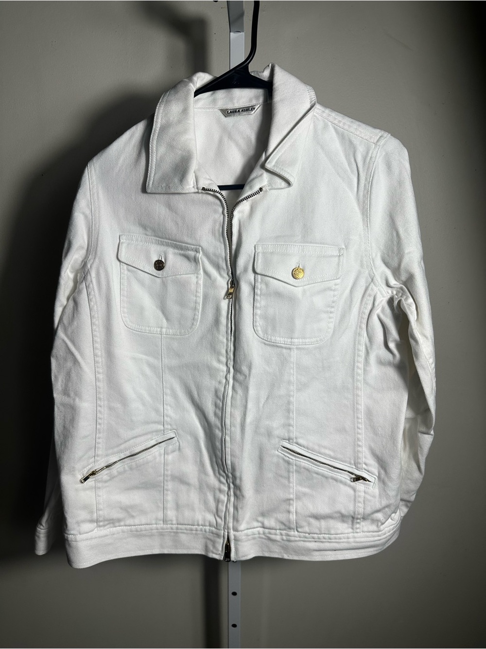 207. Laura Ashley White Cotton Stretch Zip Front Utility Jacket Gold Hardware M